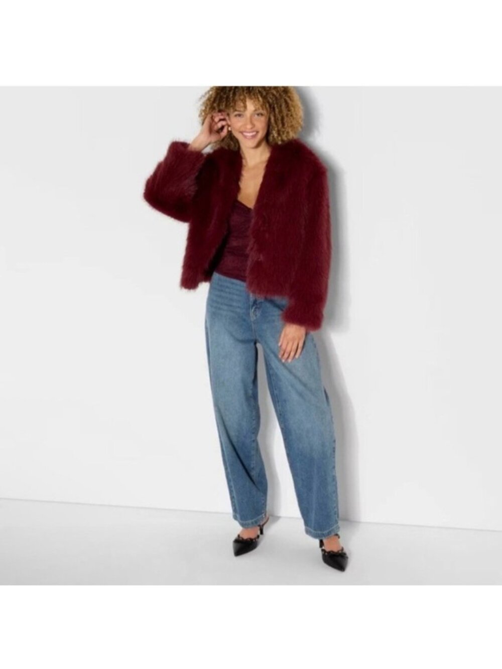 Wild Fable Women’s Short Faux Fur Coat - Bergundy Size Extra Large NWOT Soft